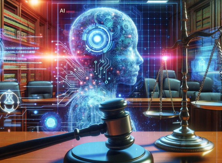 A futuristic digital illustration of AI interacting with the legal system, featuring a judge's gavel, scales of justice, abstract code, and digital elements in a vibrant courtroom setting.