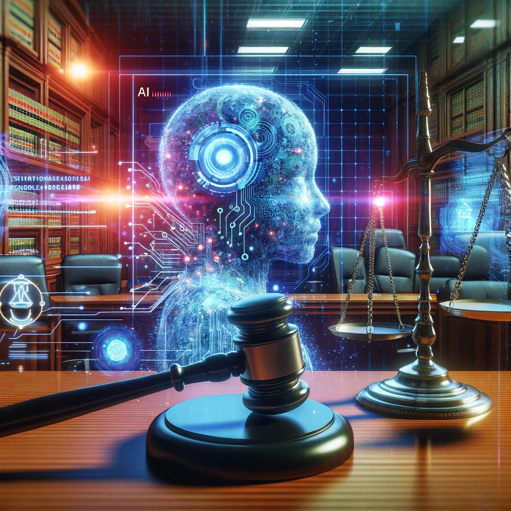 A futuristic digital illustration of AI interacting with the legal system, featuring a judge's gavel, scales of justice, abstract code, and digital elements in a vibrant courtroom setting.