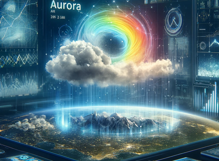 A high-tech digital illustration showing Aurora, the AI weather forecasting model, processing atmospheric data with visual elements representing weather patterns, AI algorithms, and data streams. The background features a futuristic control room with a digital interface showcasing real-time weather data being analyzed.