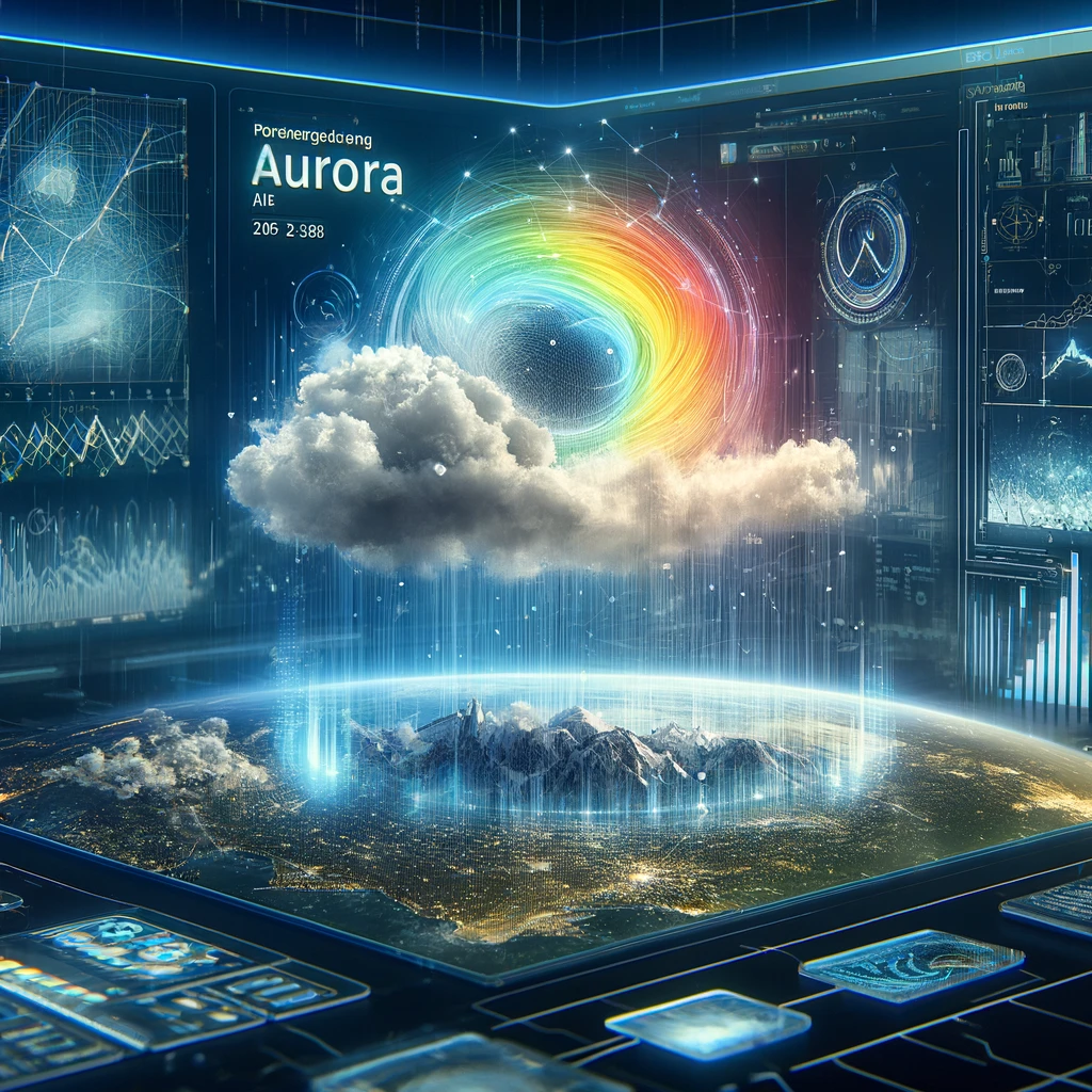 A high-tech digital illustration showing Aurora, the AI weather forecasting model, processing atmospheric data with visual elements representing weather patterns, AI algorithms, and data streams. The background features a futuristic control room with a digital interface showcasing real-time weather data being analyzed.