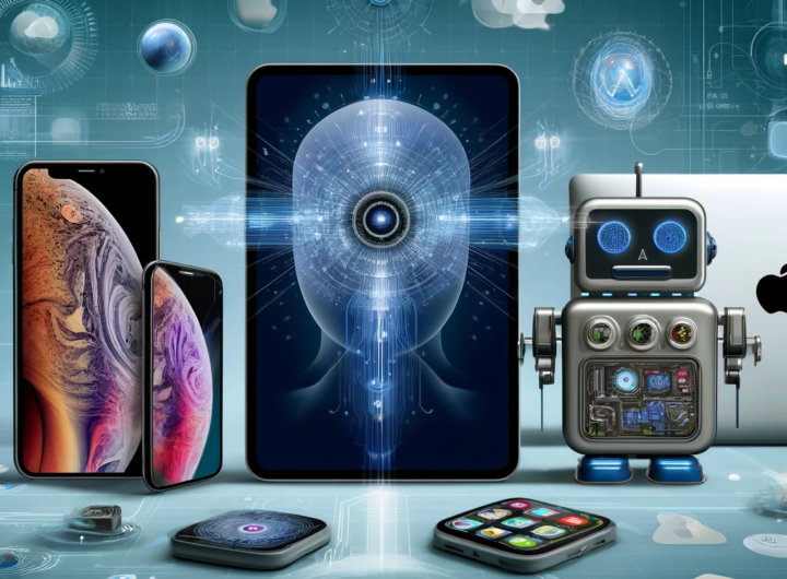 A futuristic digital illustration depicting the integration of Apple Intelligence into various Apple devices like iPhone, iPad, and MacBook, surrounded by digital waves and icons representing AI capabilities such as voice recognition, image generation, and personal data privacy, with a background featuring Apple's minimalist design aesthetics.