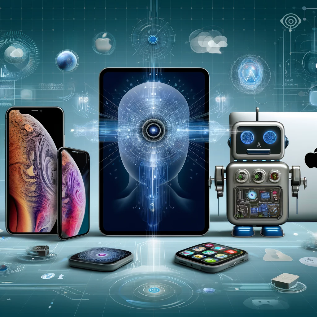 A futuristic digital illustration depicting the integration of Apple Intelligence into various Apple devices like iPhone, iPad, and MacBook, surrounded by digital waves and icons representing AI capabilities such as voice recognition, image generation, and personal data privacy, with a background featuring Apple's minimalist design aesthetics.