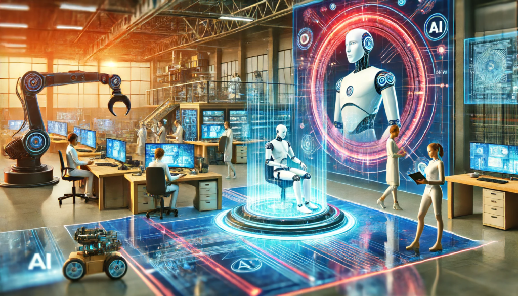 Futuristic workplace where humans and AI collaborate, featuring holographic displays and advanced machinery in a modern office environment.