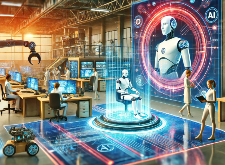 Futuristic workplace where humans and AI collaborate, featuring holographic displays and advanced machinery in a modern office environment.