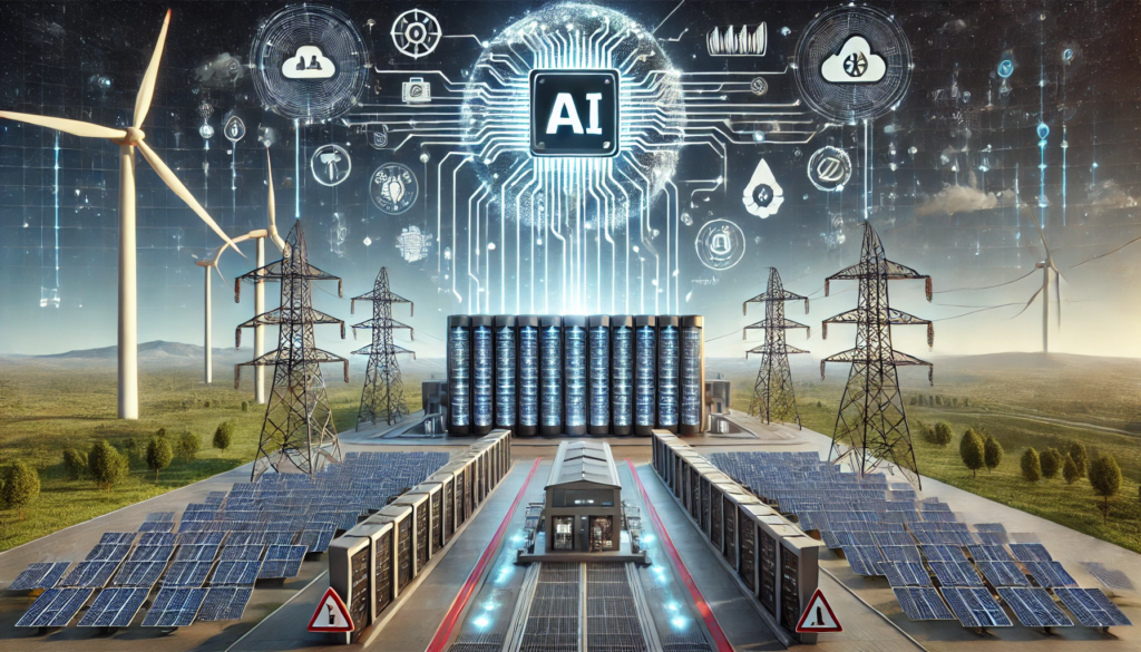 Futuristic illustration depicting the impact of AI-driven data centers on global power systems with visual elements representing increased energy consumption and strain on power grids.