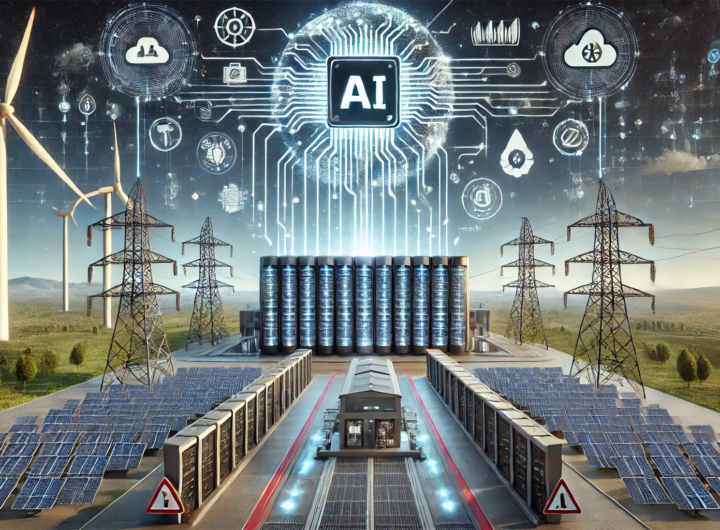 Futuristic illustration depicting the impact of AI-driven data centers on global power systems with visual elements representing increased energy consumption and strain on power grids.