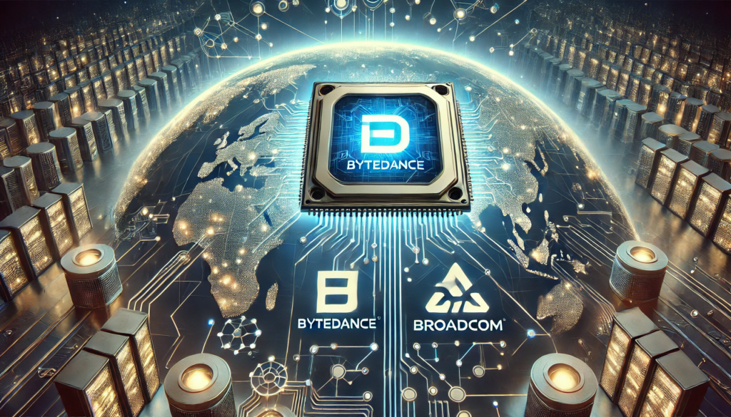 A high-tech digital illustration showing ByteDance and Broadcom logos with AI processor imagery and a backdrop of interconnected global data centers.