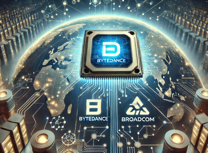 A high-tech digital illustration showing ByteDance and Broadcom logos with AI processor imagery and a backdrop of interconnected global data centers.