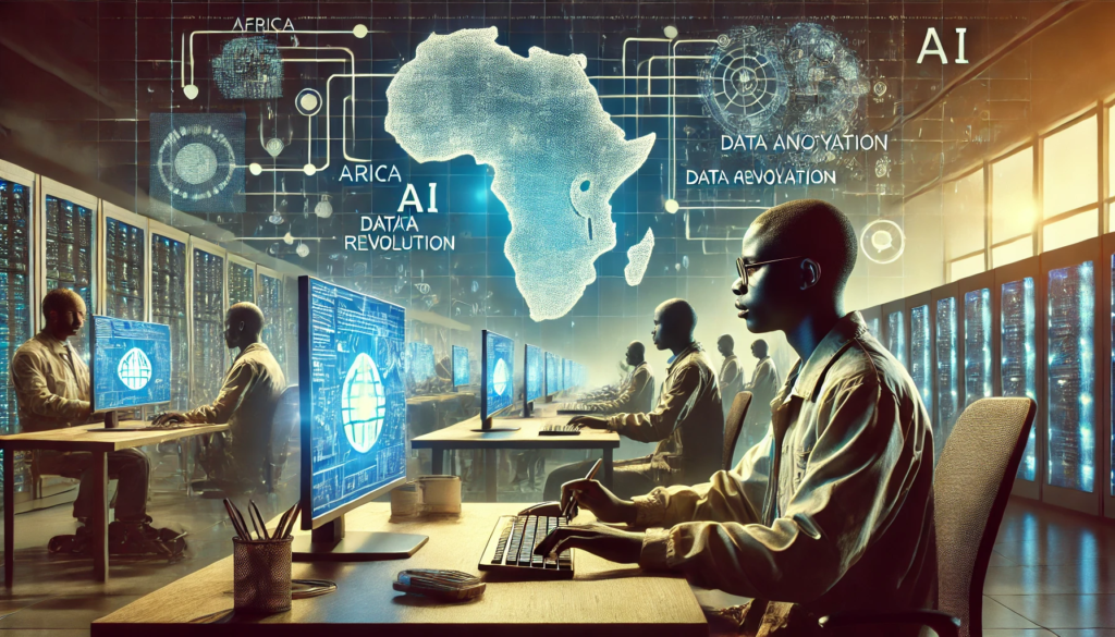 A high-tech digital illustration depicting African workers at computer desks performing data annotation tasks, with a backdrop of a map of Africa and interconnected global data centers.