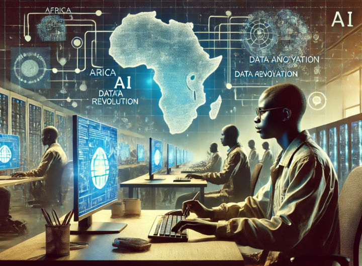 A high-tech digital illustration depicting African workers at computer desks performing data annotation tasks, with a backdrop of a map of Africa and interconnected global data centers.