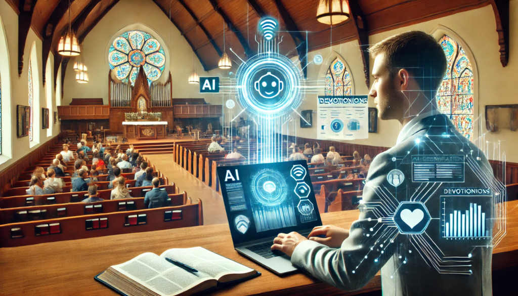 A digital illustration of a pastor using a laptop with AI-generated content in a church setting.