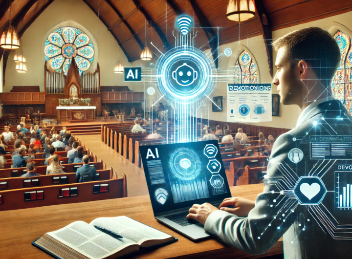 A digital illustration of a pastor using a laptop with AI-generated content in a church setting.