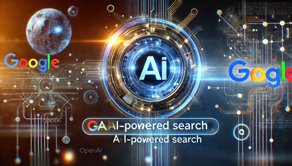 Futuristic digital illustration of AI-powered search with OpenAI and Google logos, representing the future of web navigation.