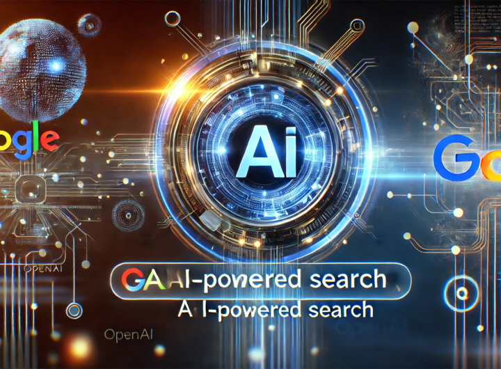 Futuristic digital illustration of AI-powered search with OpenAI and Google logos, representing the future of web navigation.