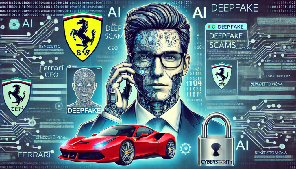 Illustration showing a deepfake scam targeting Ferrari CEO, featuring a digital likeness communicating via smartphone surrounded by AI and cybersecurity elements.