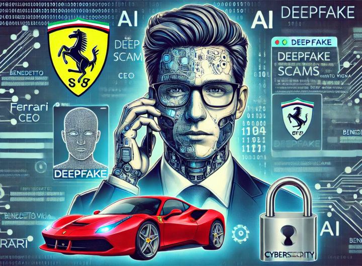 Illustration showing a deepfake scam targeting Ferrari CEO, featuring a digital likeness communicating via smartphone surrounded by AI and cybersecurity elements.