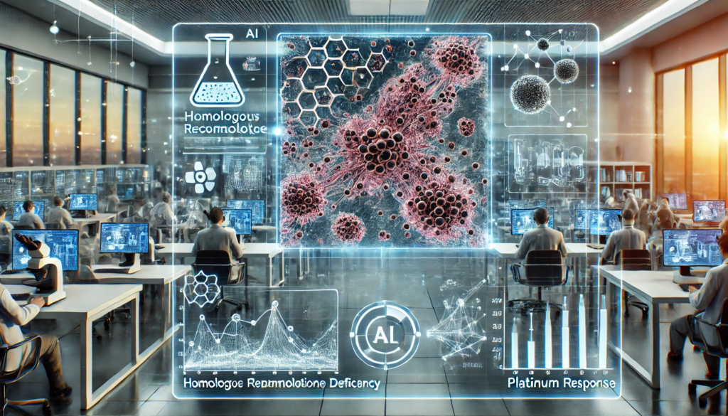 A high-tech digital illustration showing AI-driven analysis of cancer histopathology slides with graphs indicating prediction outcomes.