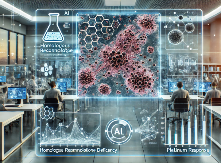 A high-tech digital illustration showing AI-driven analysis of cancer histopathology slides with graphs indicating prediction outcomes.