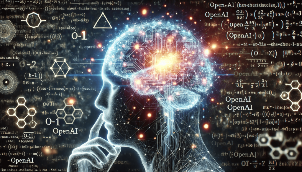 Futuristic AI brain with circuitry overlaid on mathematical formulas representing OpenAI's o1 model