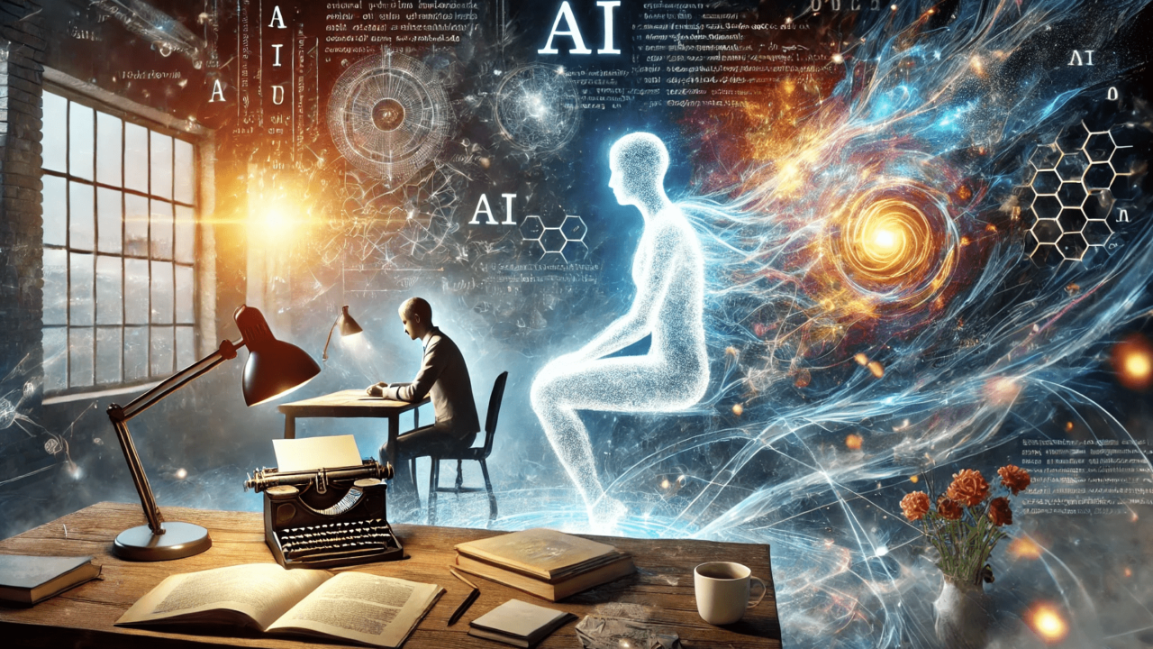 Writer collaborating with an AI entity, exchanging ideas across a desk