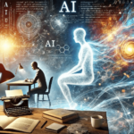 Writer collaborating with an AI entity, exchanging ideas across a desk