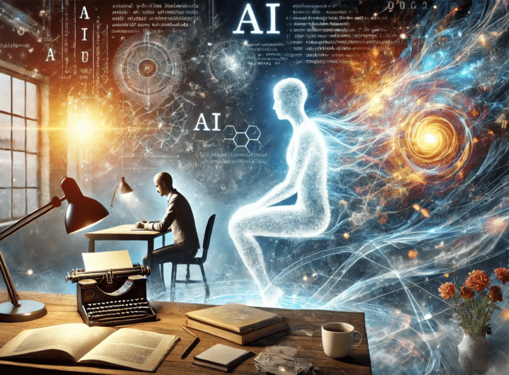 Writer collaborating with an AI entity, exchanging ideas across a desk