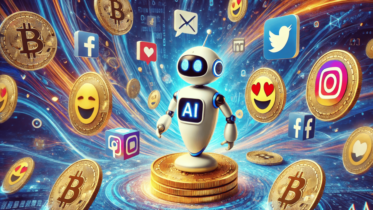 AI chatbot surrounded by memecoins and social media icons