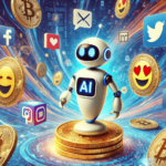 AI chatbot surrounded by memecoins and social media icons