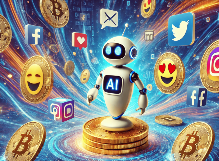 AI chatbot surrounded by memecoins and social media icons