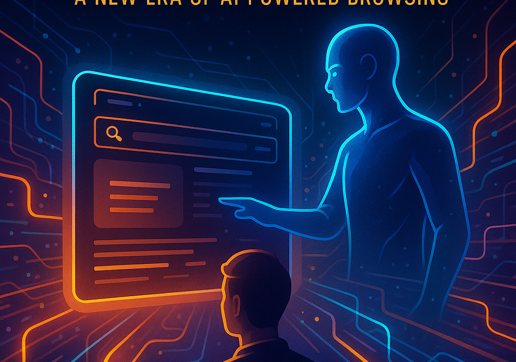Futuristic AI-powered browser guiding a user through digital data streams.