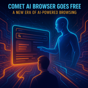 Futuristic AI-powered browser guiding a user through digital data streams.