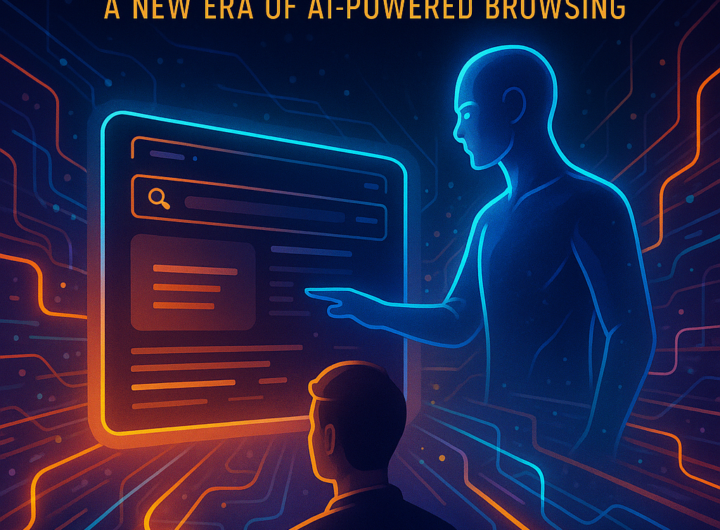 Futuristic AI-powered browser guiding a user through digital data streams.